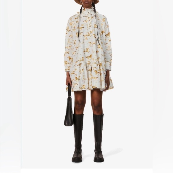 New with Tags GANNI White Horse Print Cotton Mini Dress - Picture 1 of 16